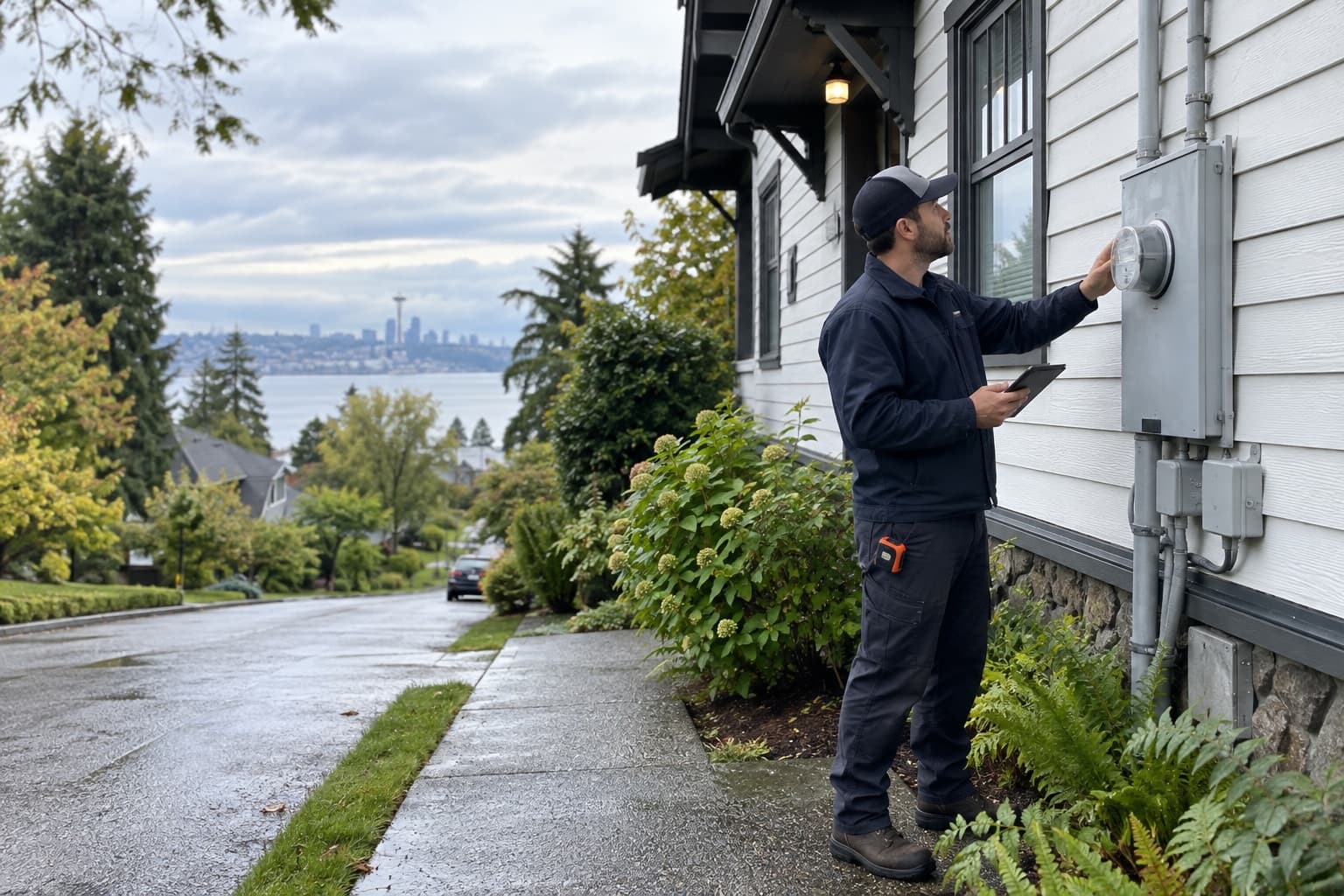 A residential home inspector examining an electrical service panel